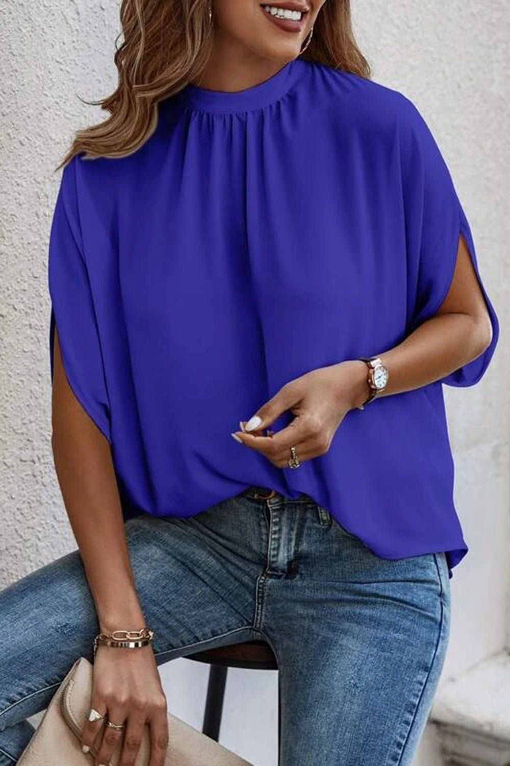 Tie Back Slit Half Sleeve Blouse - Luminous Bear