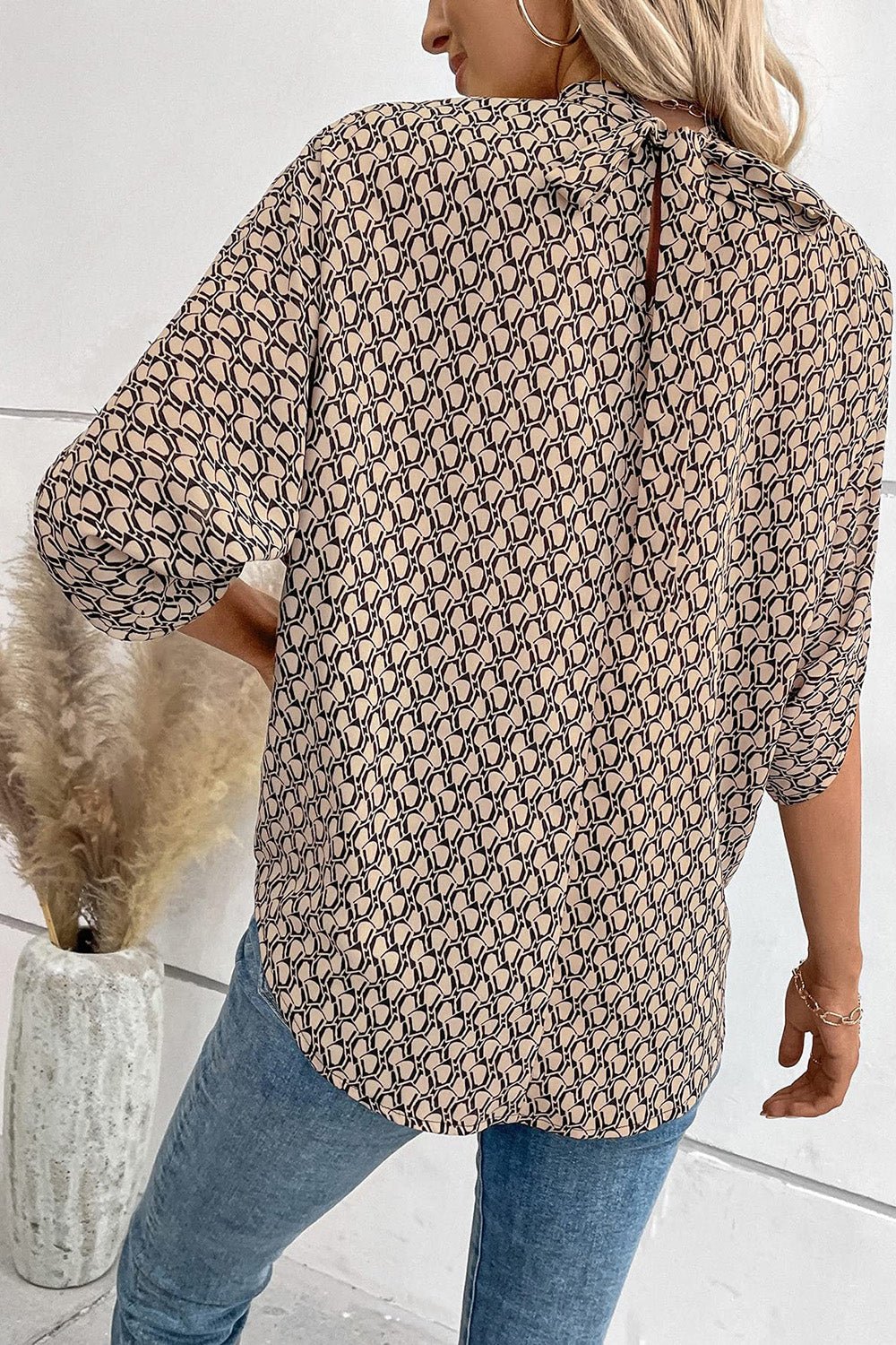 Tie Back Slit Half Sleeve Blouse - Luminous Bear