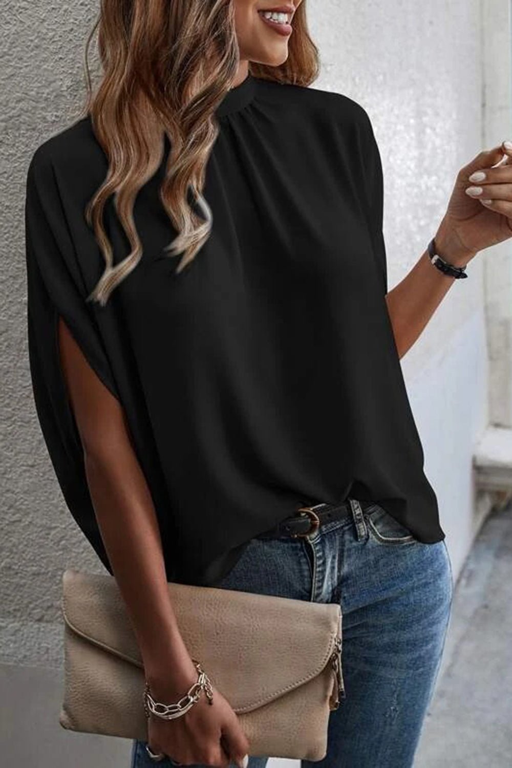 Tie Back Slit Half Sleeve Blouse - Luminous Bear