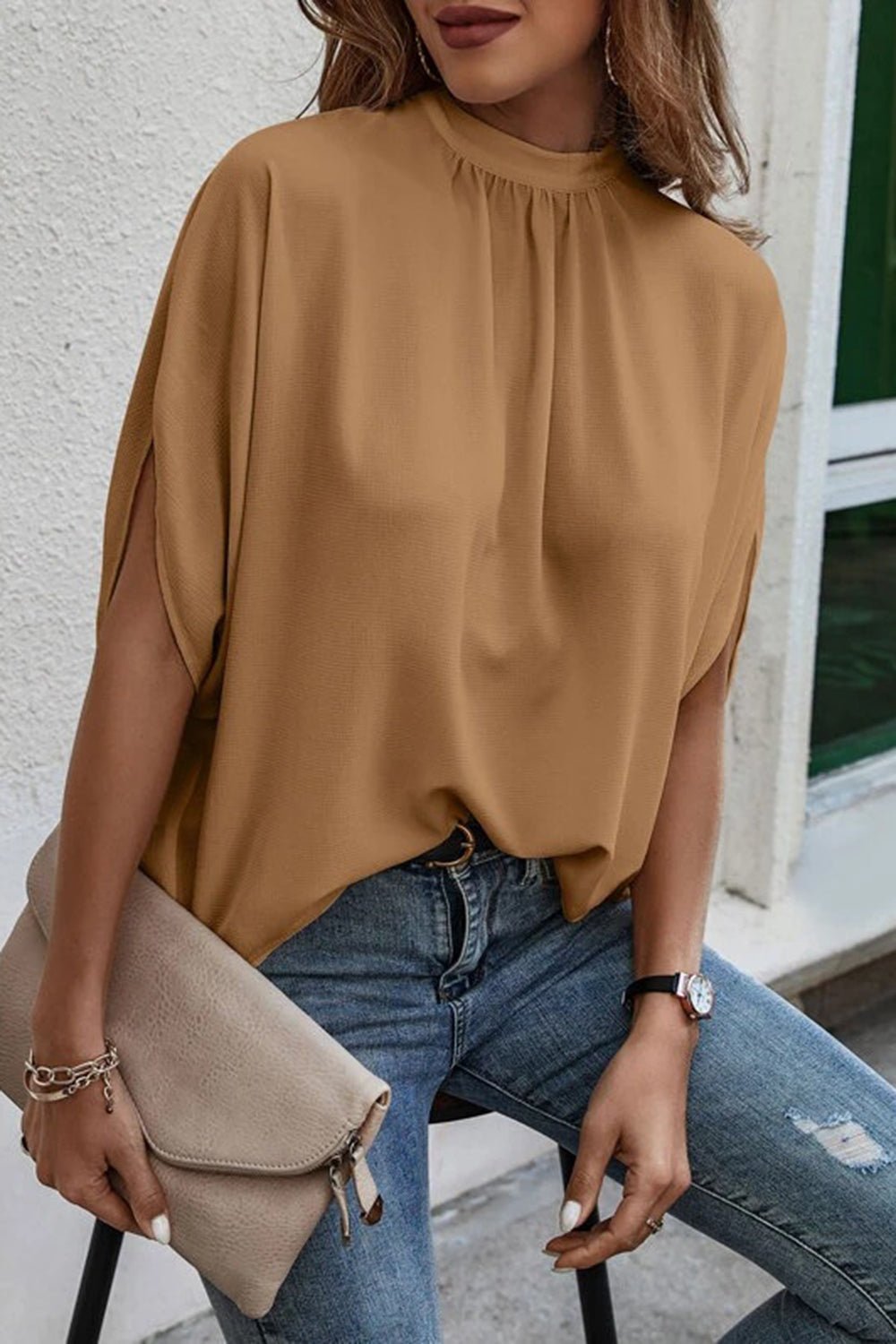 Tie Back Slit Half Sleeve Blouse - Luminous Bear