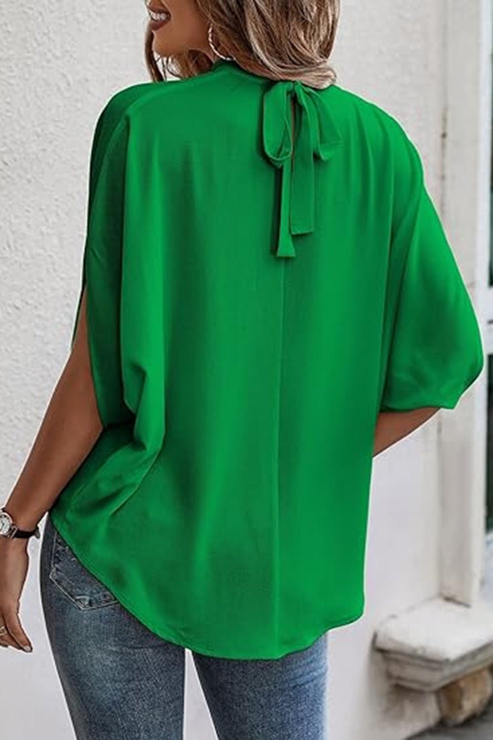 Tie Back Slit Half Sleeve Blouse - Luminous Bear