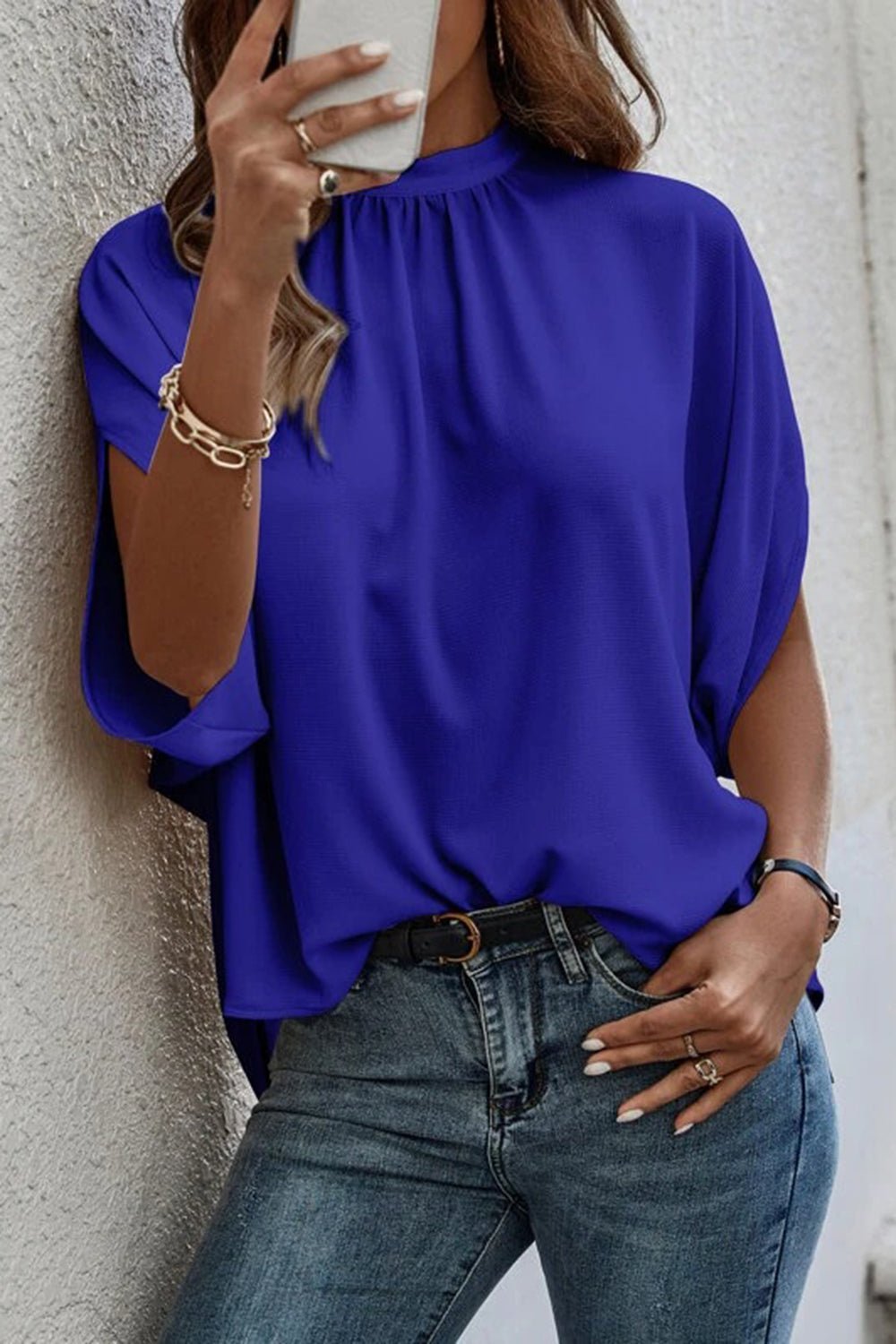 Tie Back Slit Half Sleeve Blouse - Luminous Bear