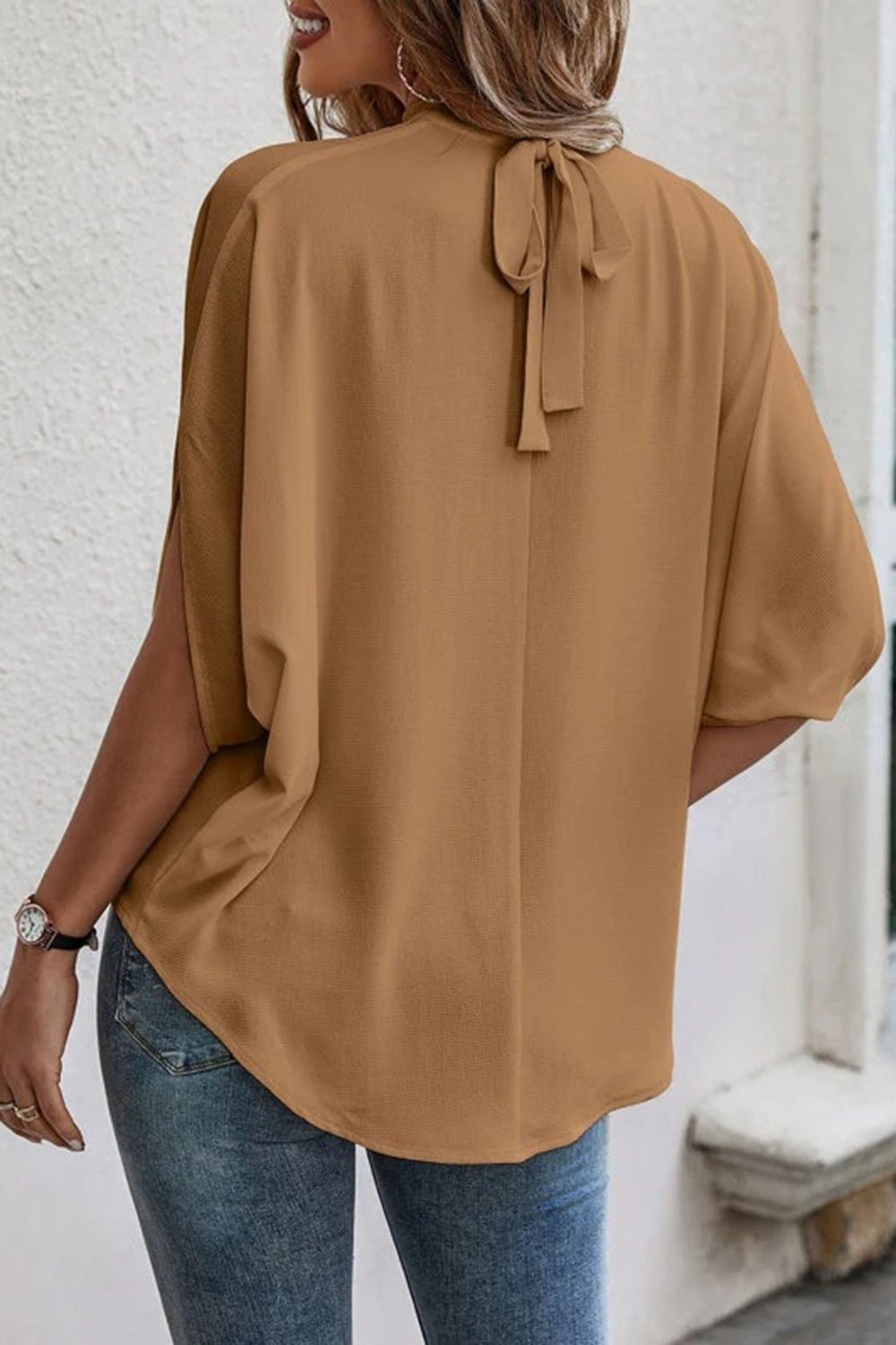Tie Back Slit Half Sleeve Blouse - Luminous Bear