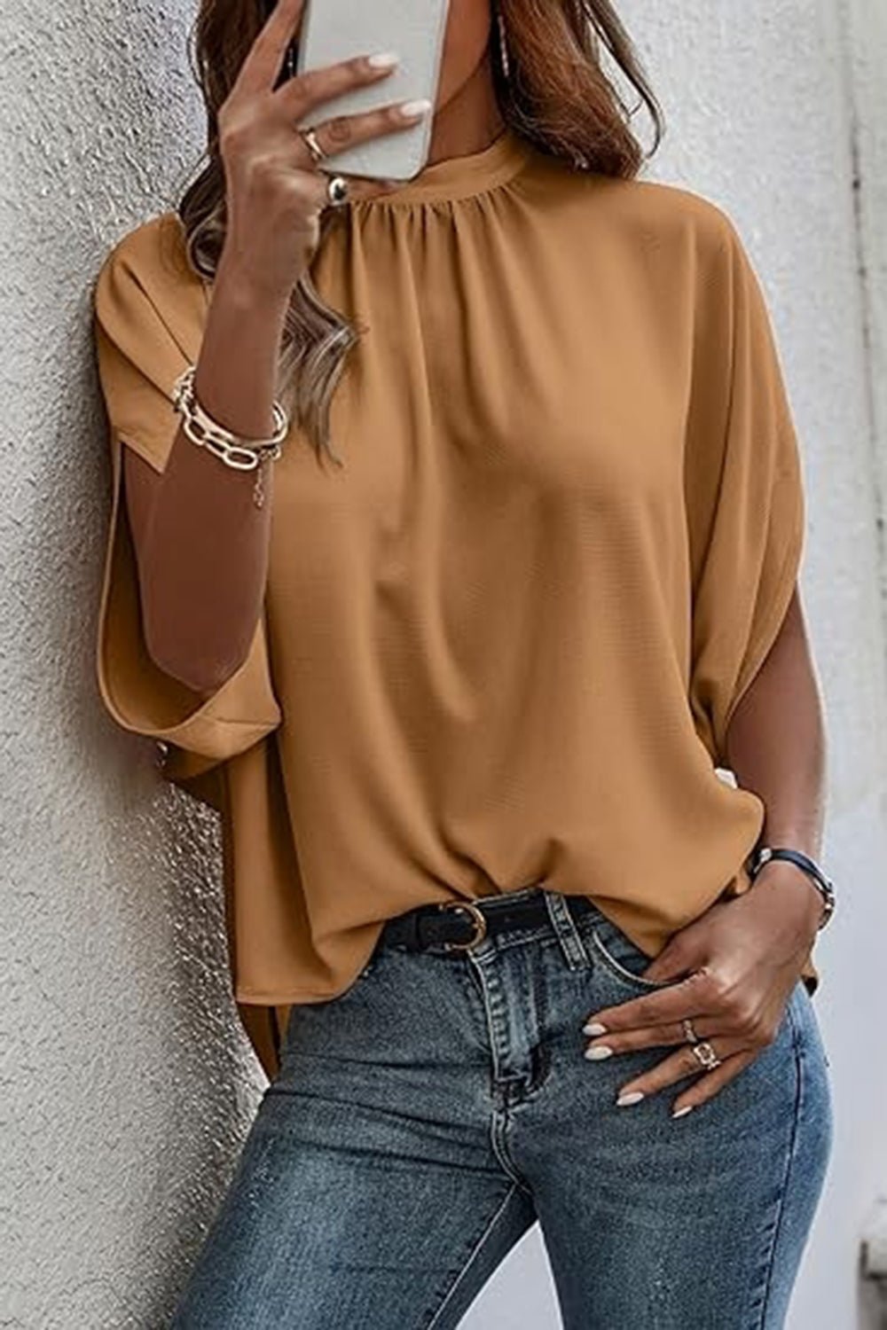Tie Back Slit Half Sleeve Blouse - Luminous Bear