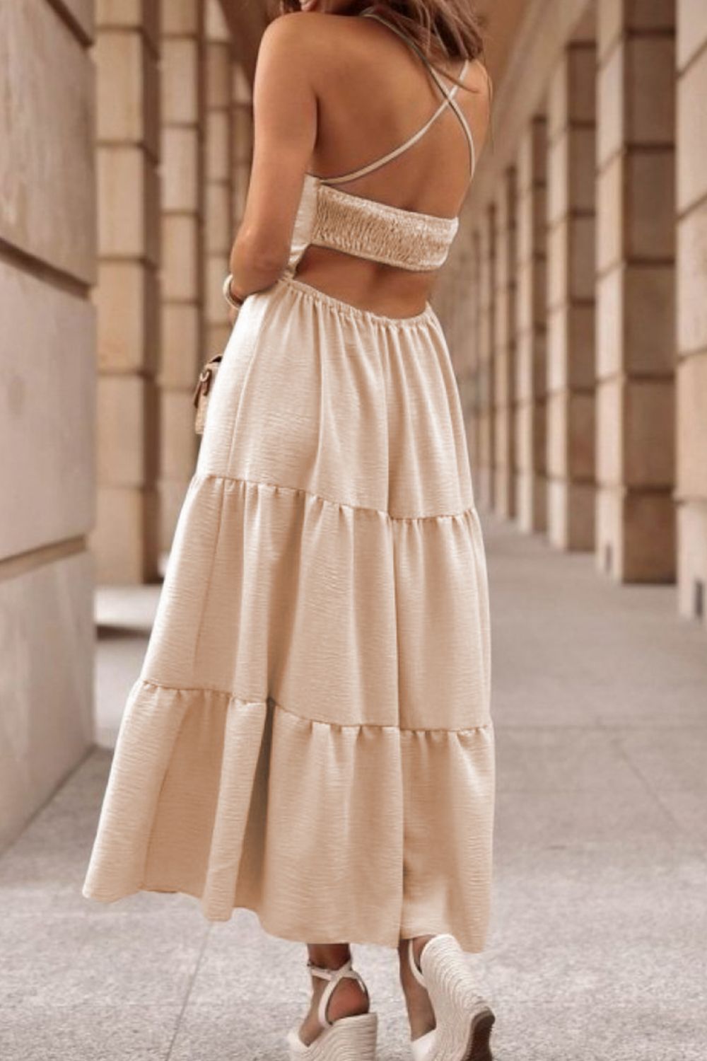 Tiered Crisscross Spaghetti Strap Dress - Luminous Bear