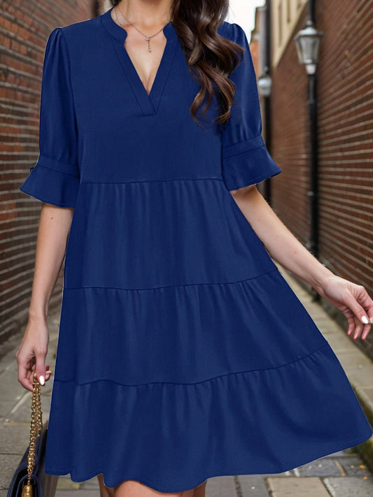 Tiered Notched Half Sleeve Dress - Luminous Bear