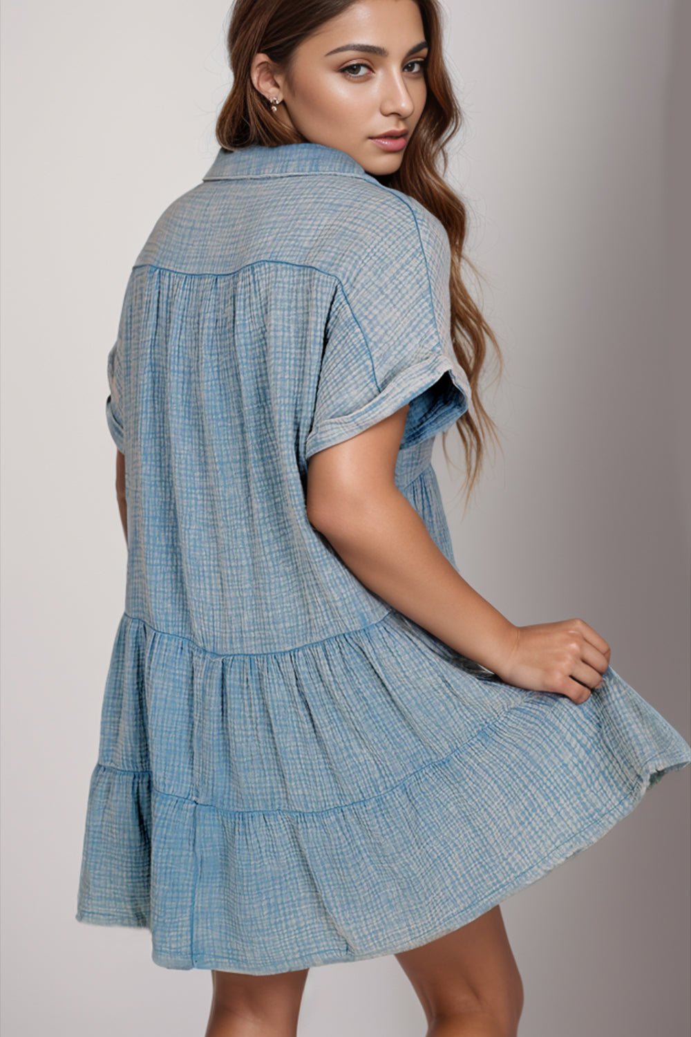 Tiered Notched Short Sleeve Dres - Luminous Bear