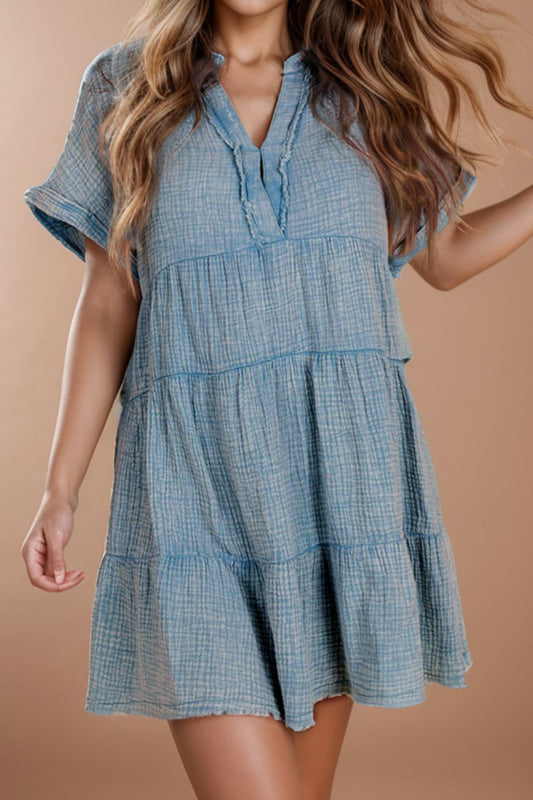 Tiered Notched Short Sleeve Dres - Luminous Bear