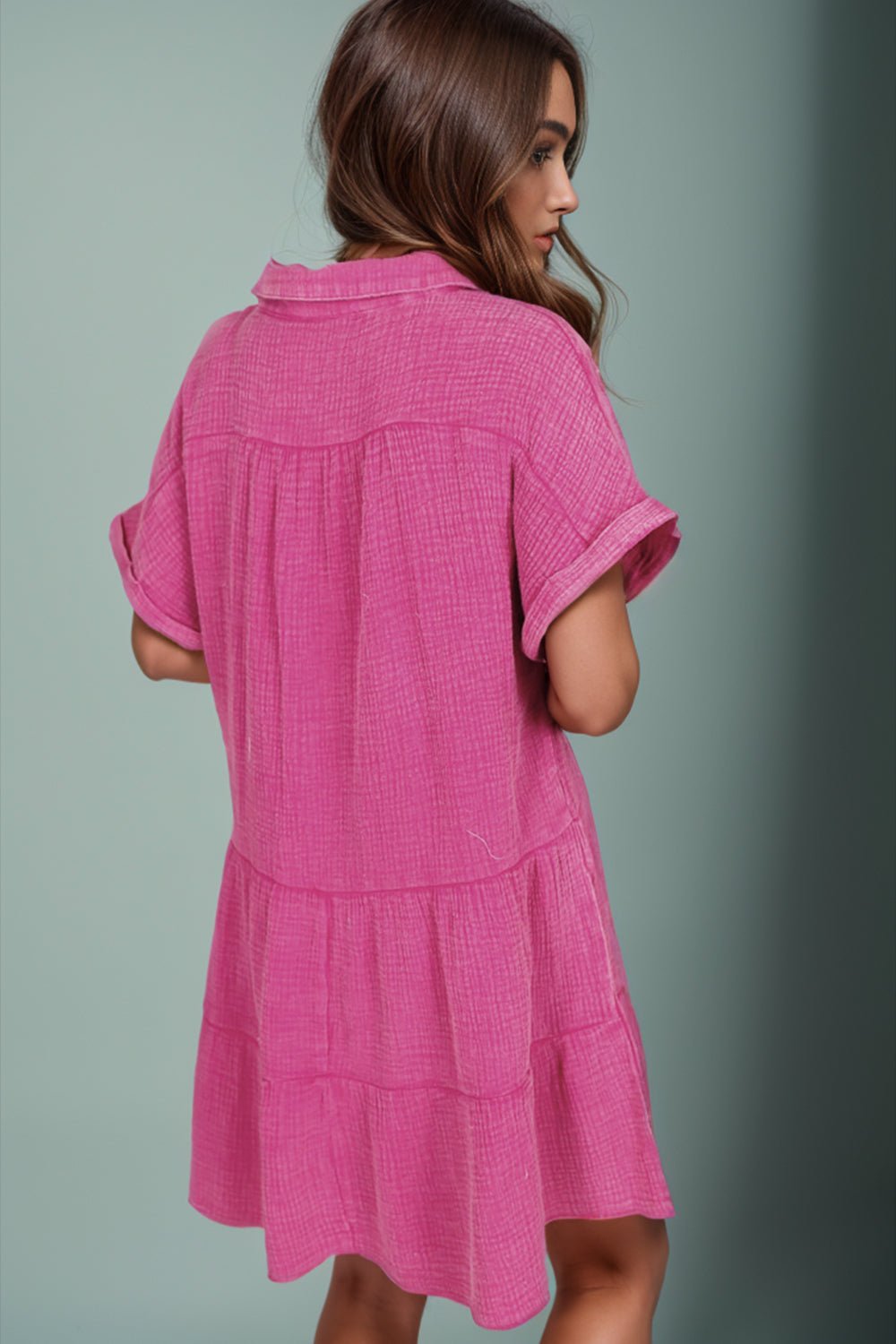 Tiered Notched Short Sleeve Dres - Luminous Bear