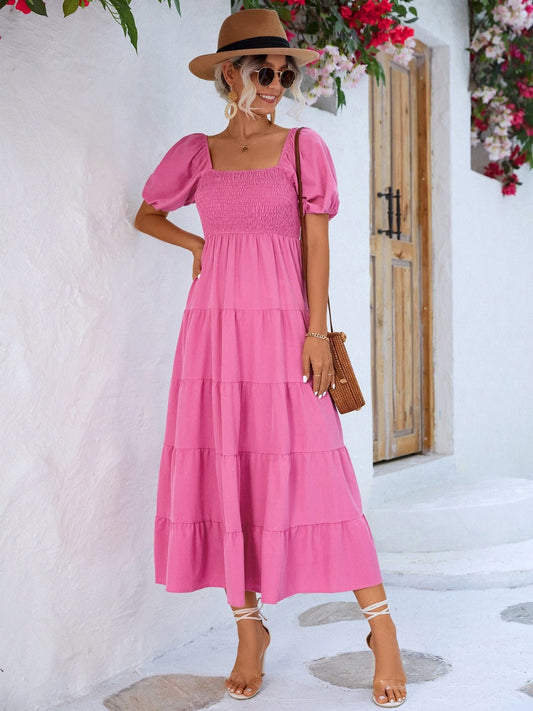 Tiered Smocked Short Sleeve Dress - Luminous Bear