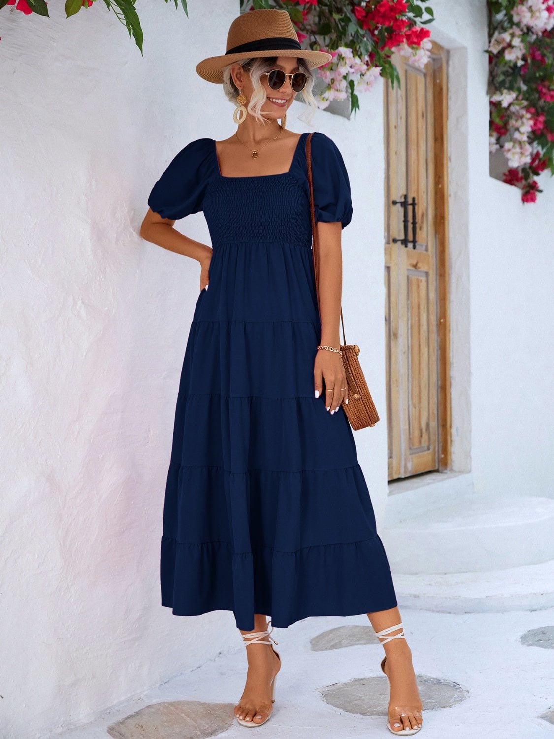 Tiered Smocked Short Sleeve Dress - Luminous Bear