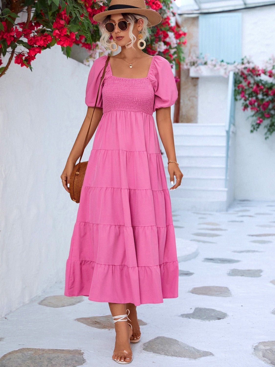Tiered Smocked Short Sleeve Dress - Luminous Bear