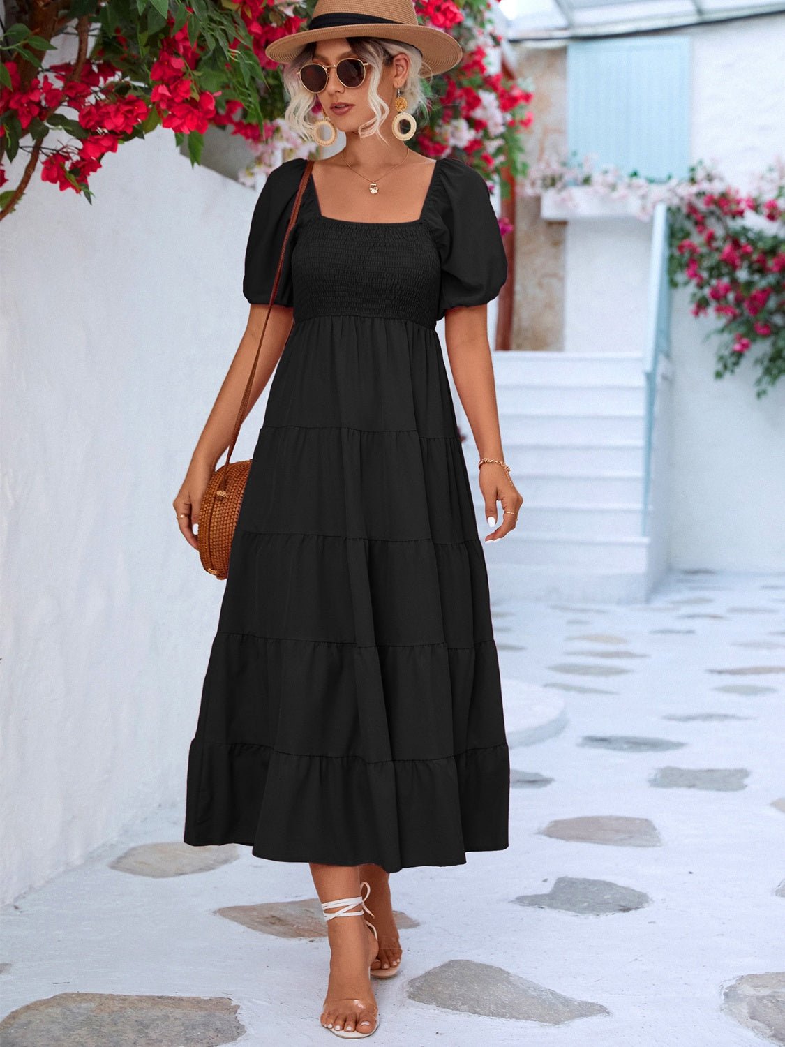 Tiered Smocked Short Sleeve Dress - Luminous Bear