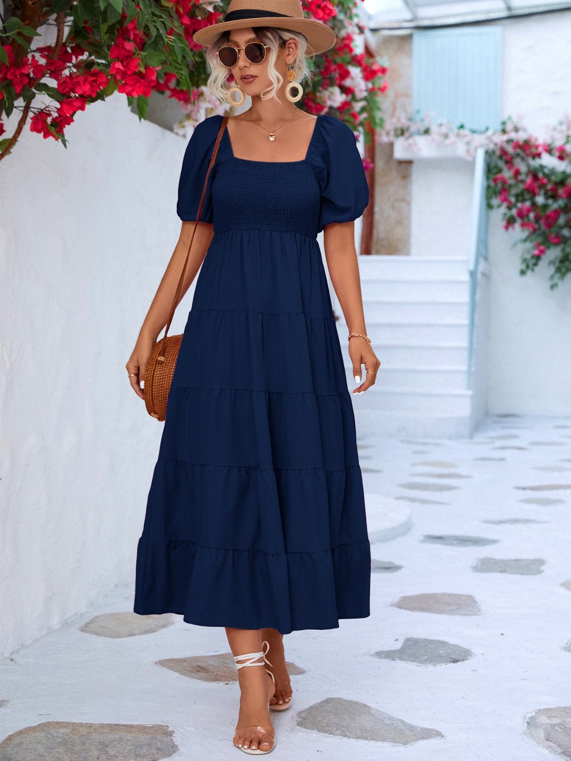 Tiered Smocked Short Sleeve Dress - Luminous Bear