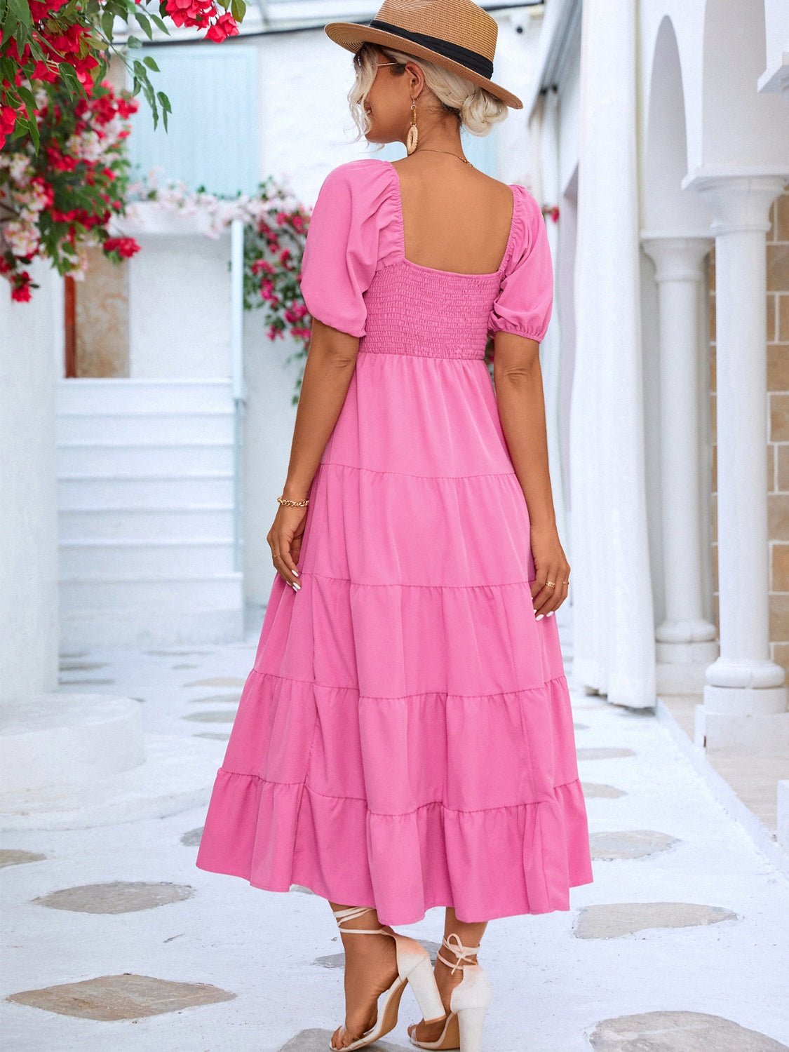 Tiered Smocked Short Sleeve Dress - Luminous Bear