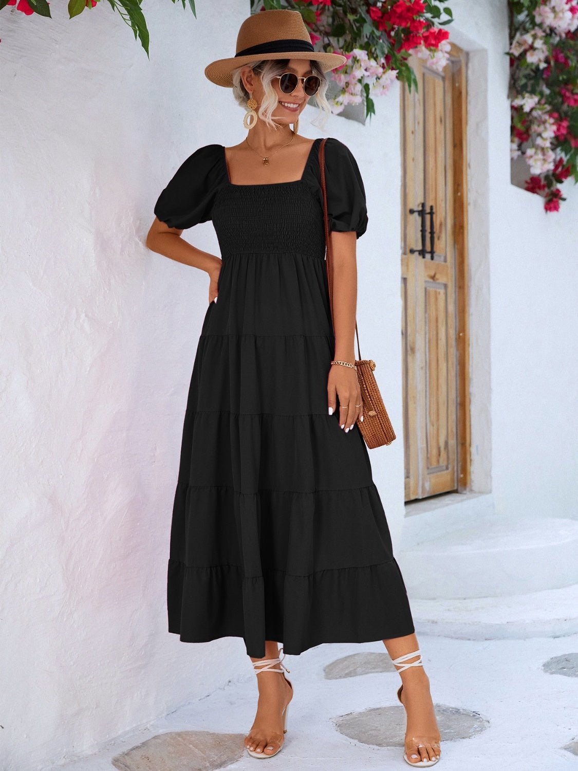 Tiered Smocked Short Sleeve Dress - Luminous Bear