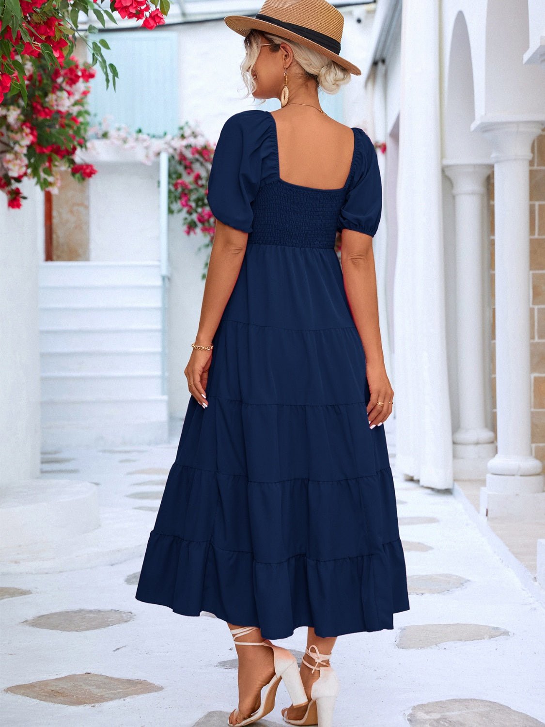 Tiered Smocked Short Sleeve Dress - Luminous Bear