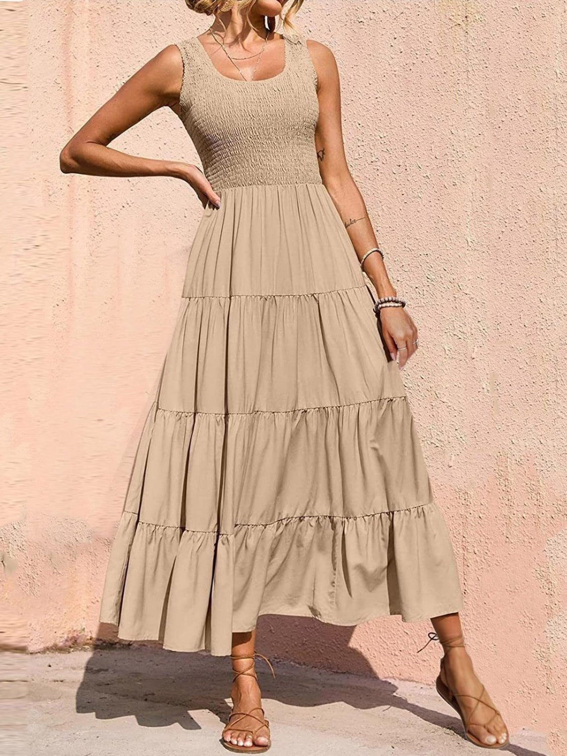 Tiered Smocked Wide Strap Dress - Luminous Bear