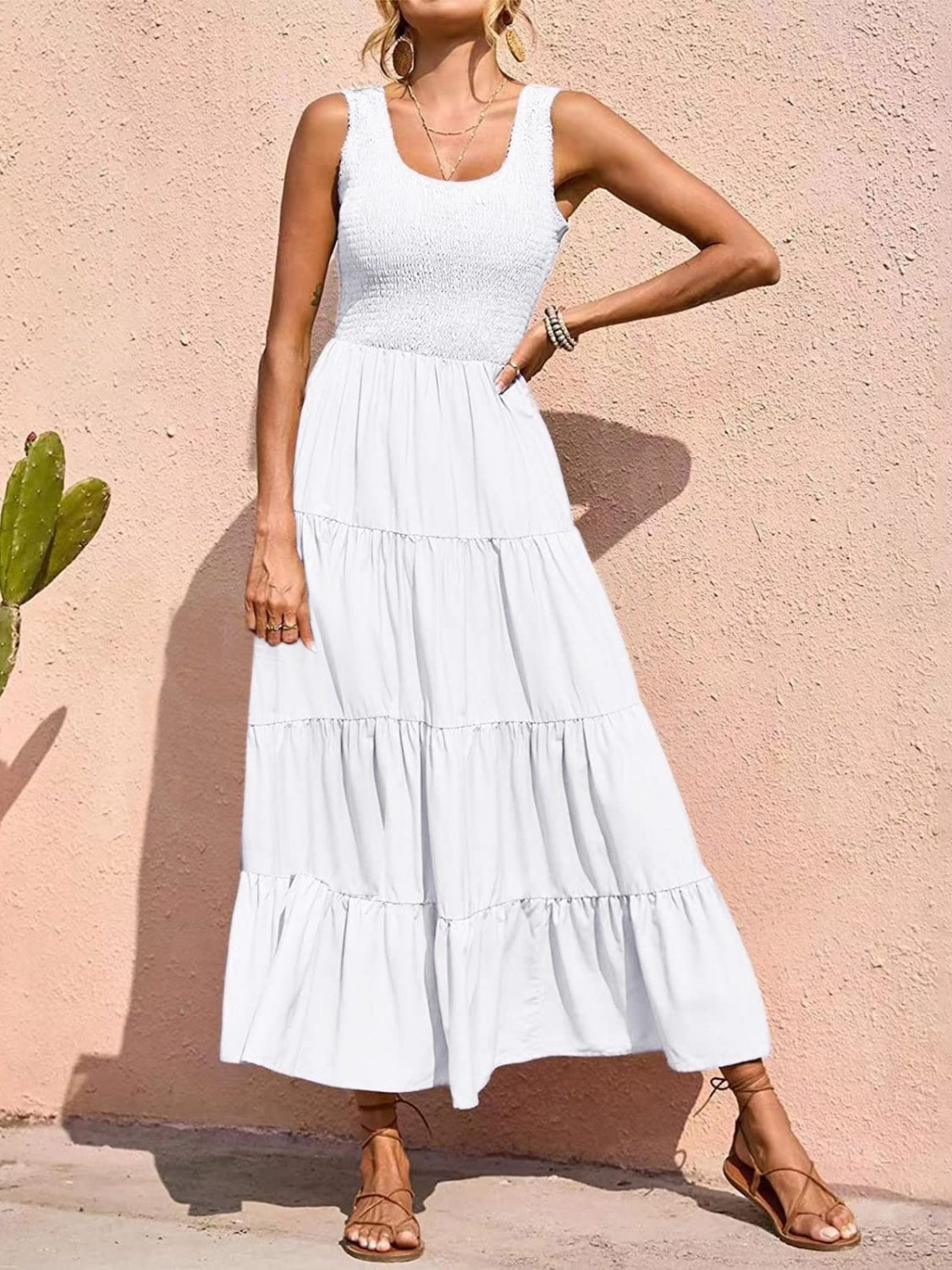Tiered Smocked Wide Strap Dress - Luminous Bear