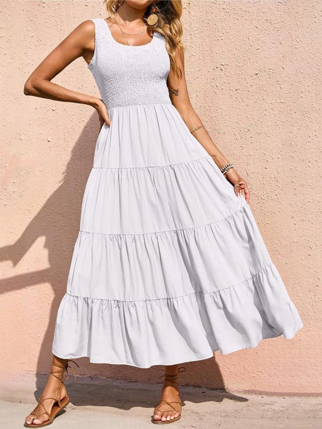Tiered Smocked Wide Strap Dress - Luminous Bear