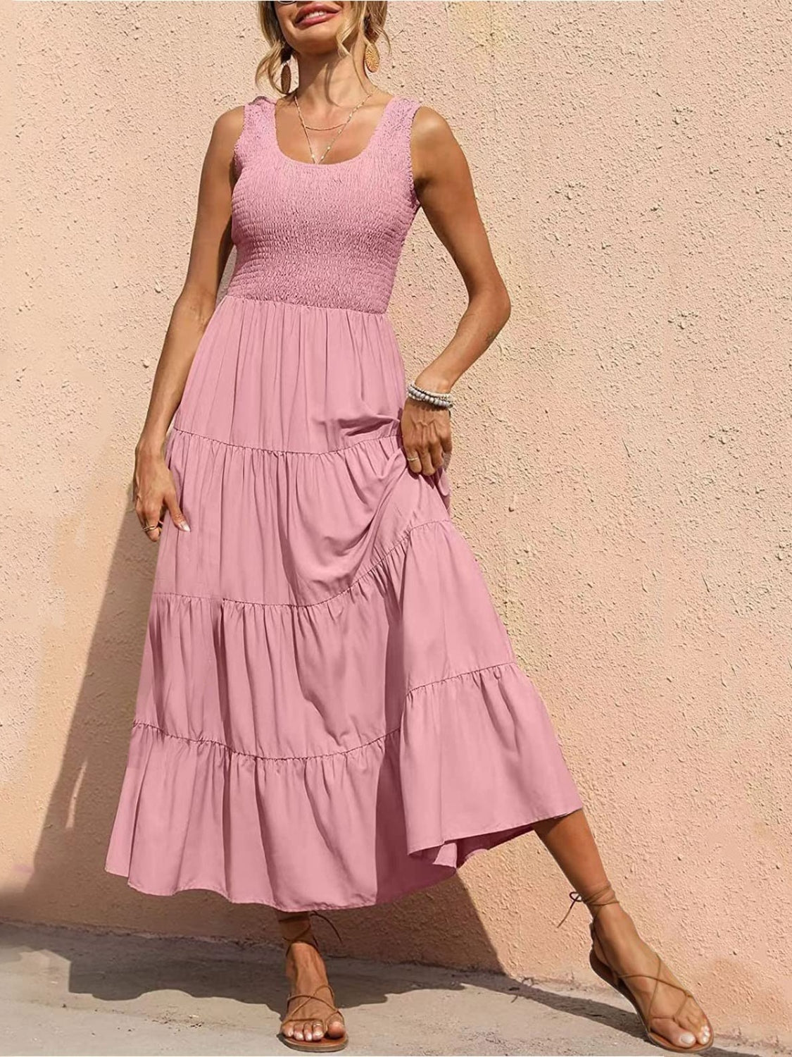 Tiered Smocked Wide Strap Dress - Luminous Bear