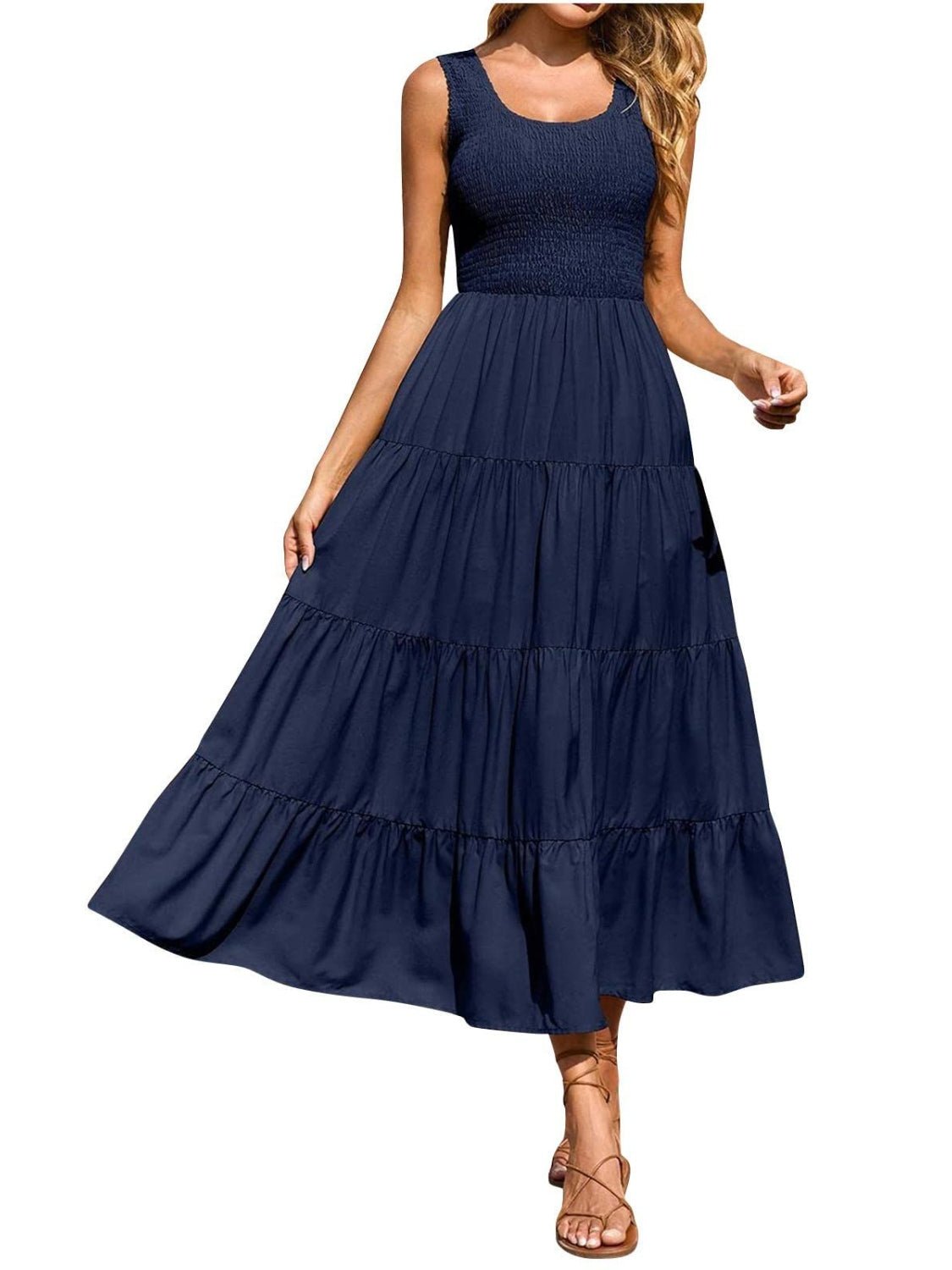 Tiered Smocked Wide Strap Dress - Luminous Bear