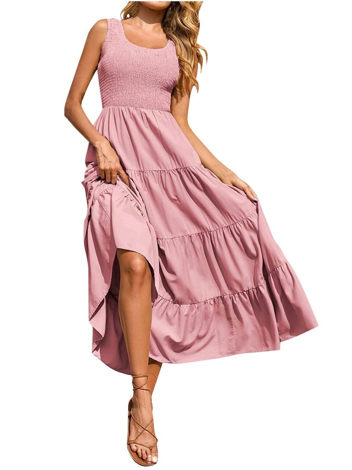 Tiered Smocked Wide Strap Dress - Luminous Bear