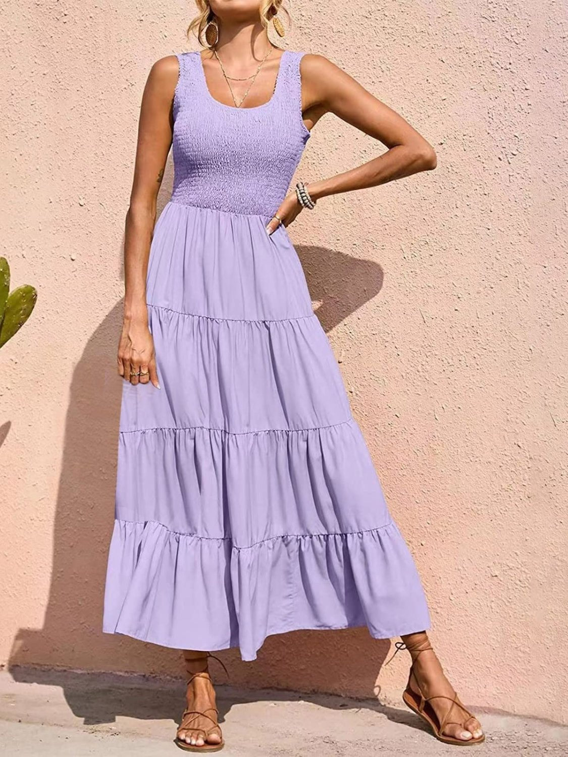 Tiered Smocked Wide Strap Dress - Luminous Bear