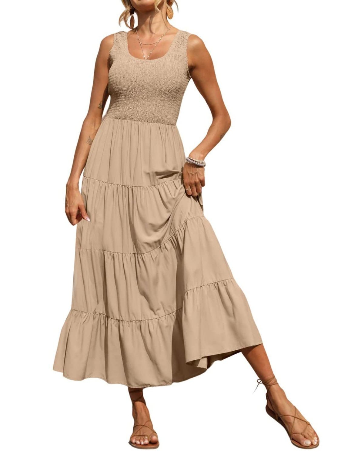 Tiered Smocked Wide Strap Dress - Luminous Bear