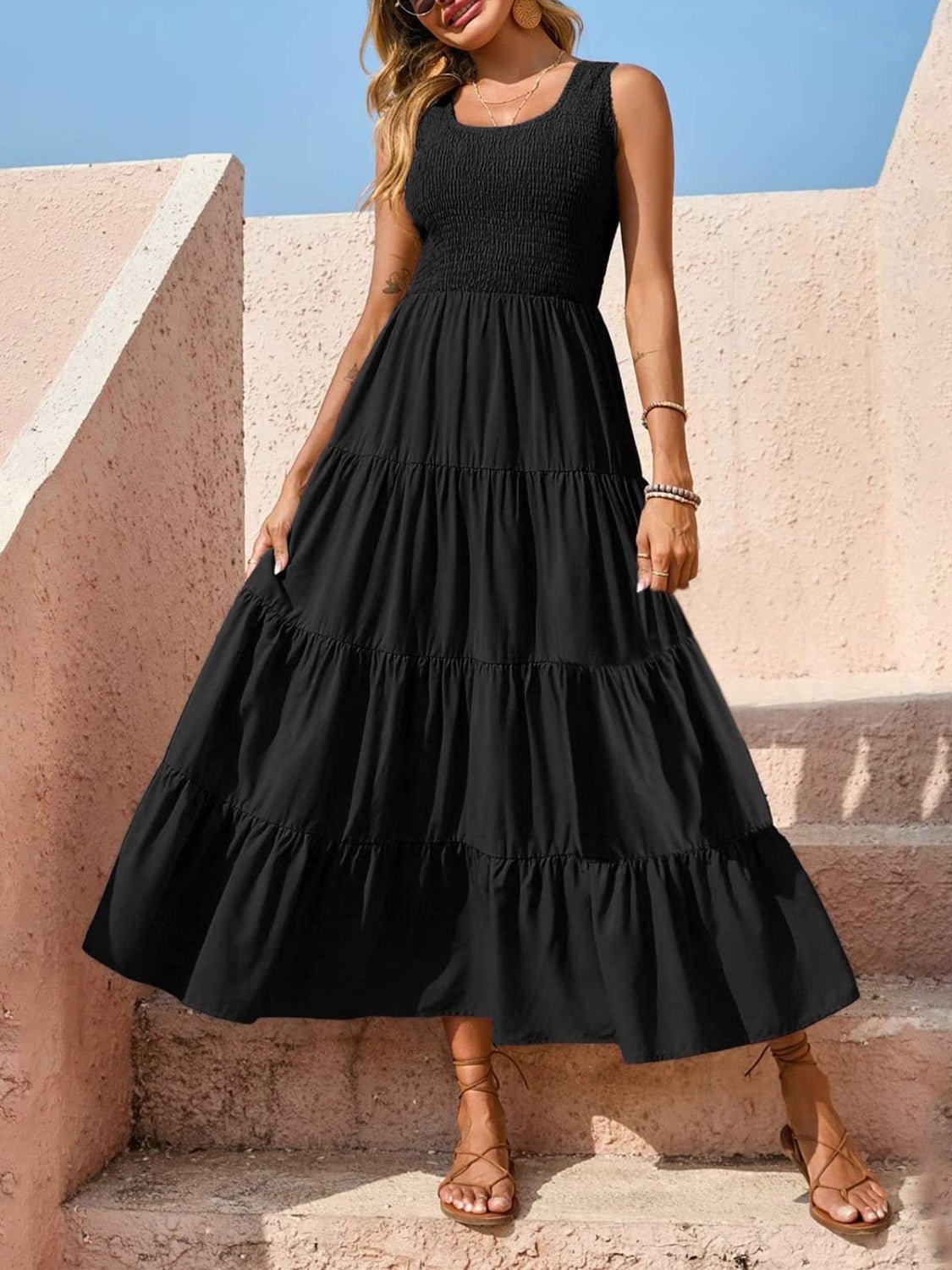Tiered Smocked Wide Strap Dress - Luminous Bear