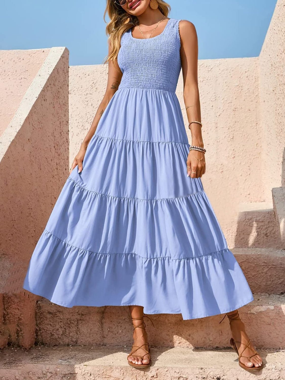 Tiered Smocked Wide Strap Dress - Luminous Bear