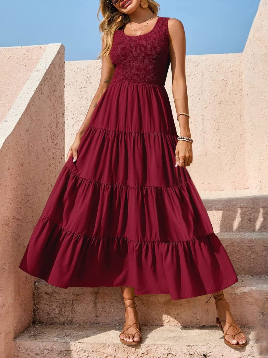 Tiered Smocked Wide Strap Dress - Luminous Bear