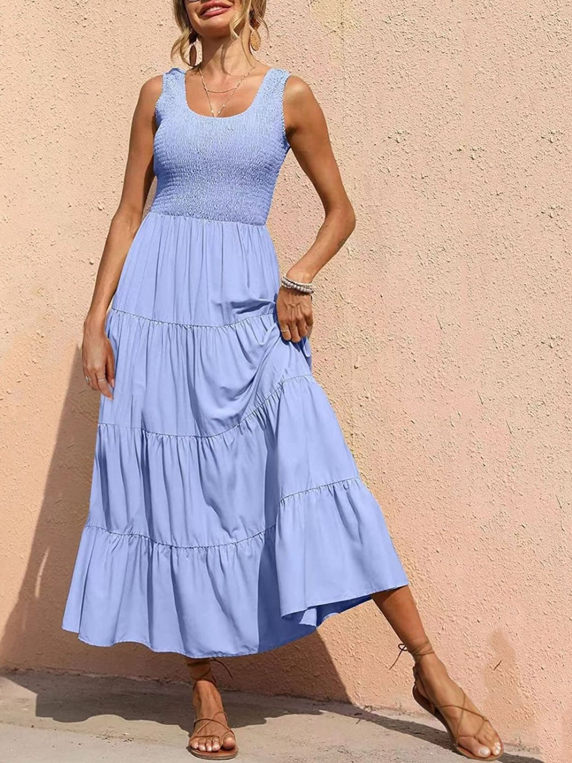 Tiered Smocked Wide Strap Dress - Luminous Bear