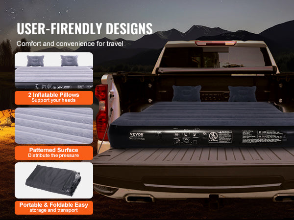 VEVOR Truck Bed Air Mattress, for 5.5-5.8 ft Full Size Short Truck Beds, Inflatable Air Mattress Camping Bed with 12V Air Pump 2 Pillows, Carry Bag, for Silverado, RAM, F Series, Sierra, Titan, Tundra