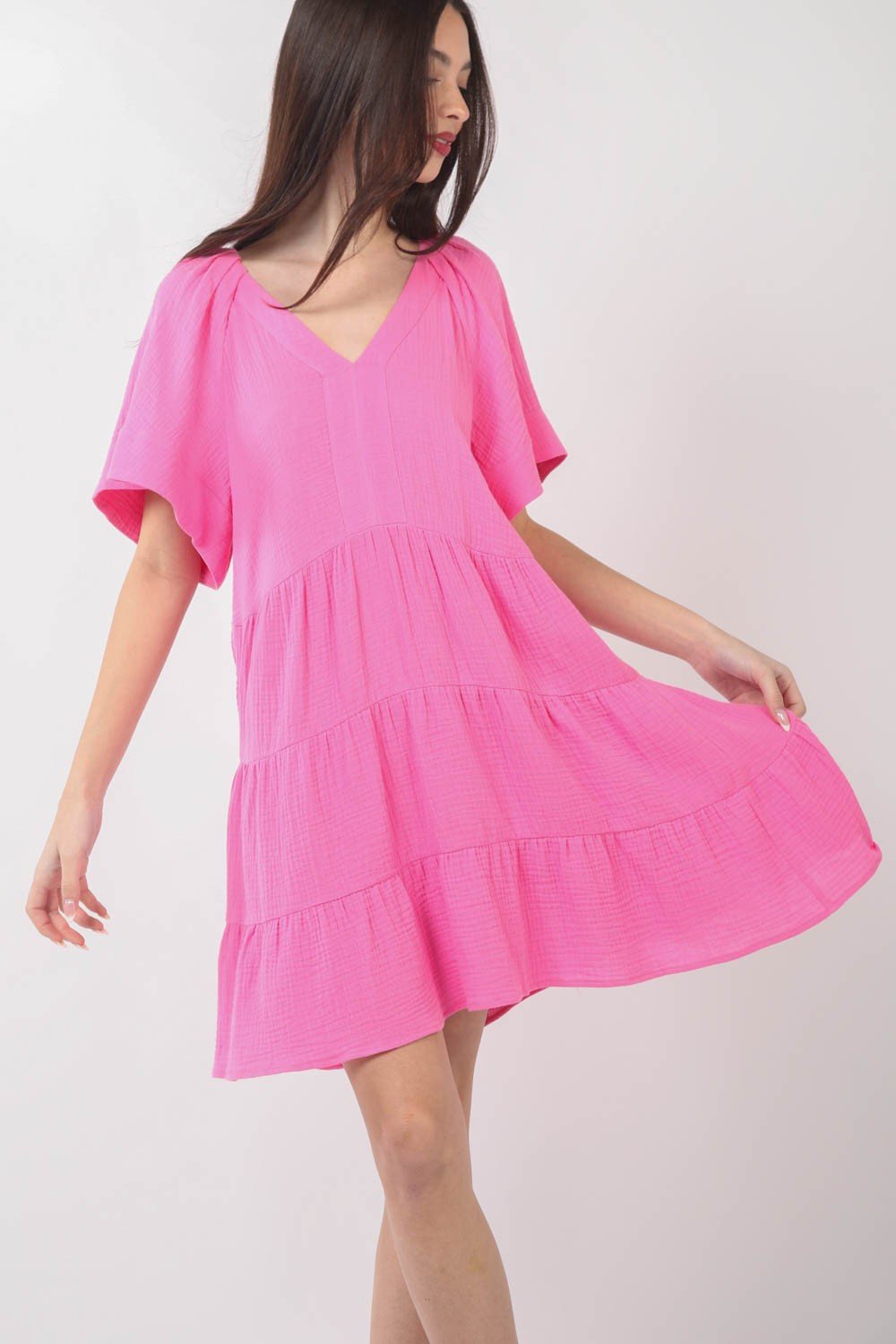 VERY J Texture V-Neck Ruffled Tiered Dress - Luminous Bear
