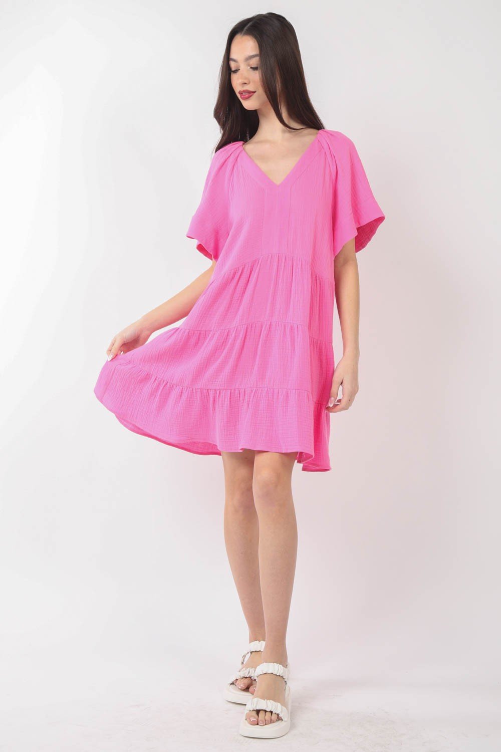 VERY J Texture V-Neck Ruffled Tiered Dress - Luminous Bear