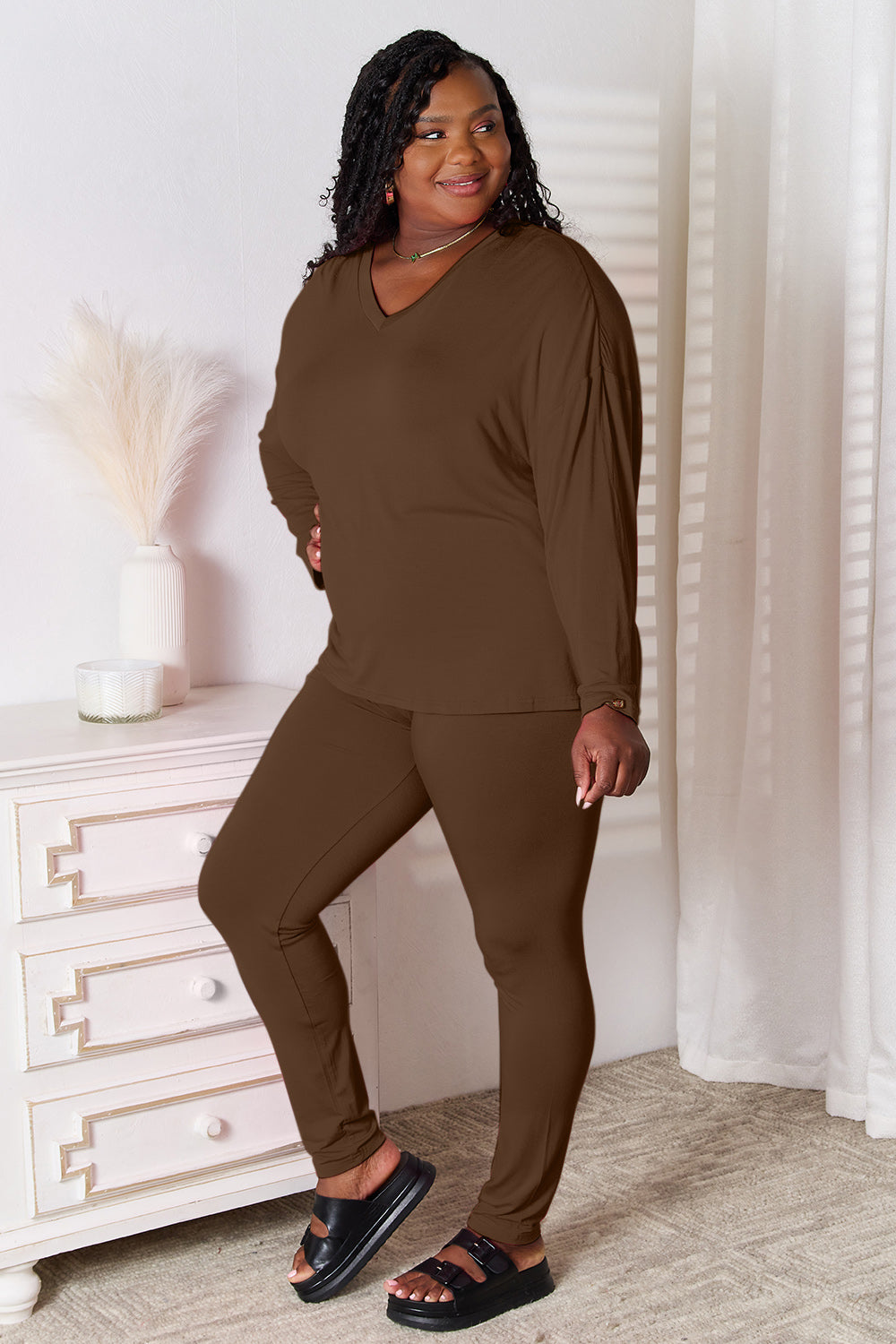 Basic Bae Full Size V-Neck Soft Rayon Long Sleeve Top and Pants Lounge Set - Luminous Bear Shop