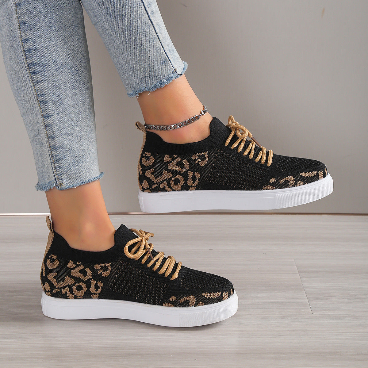 Lace-Up Leopard Flat Sneakers - Luminous Bear Shop