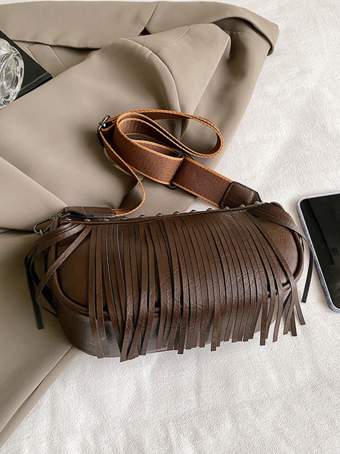 PU Leather Fringe Studded Crossbody Bag - Luminous Bear Shop