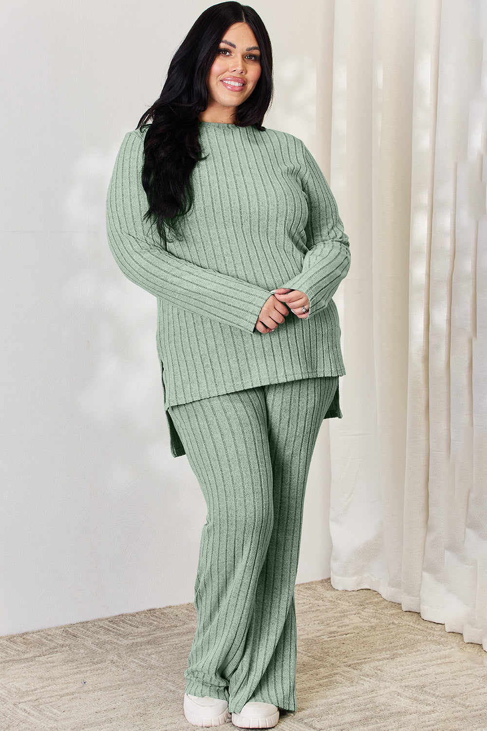 Basic Bae Full Size Ribbed High-Low Top and Wide Leg Pants Set - Luminous Bear Shop
