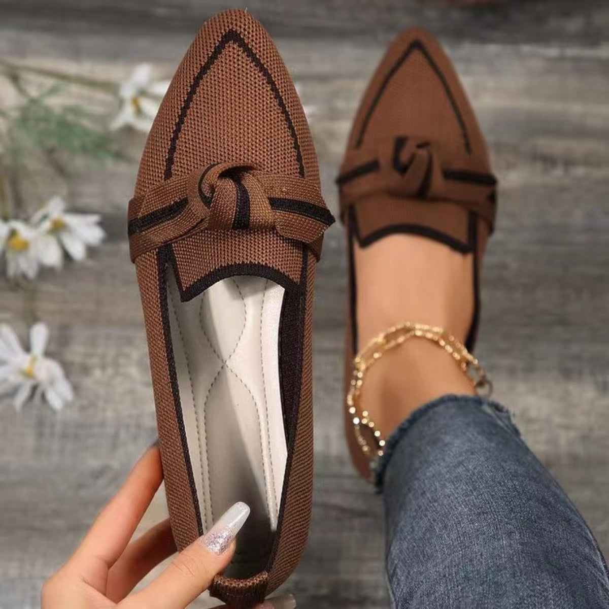 Bow Contrast Trim Point Toe Loafers - Luminous Bear Shop