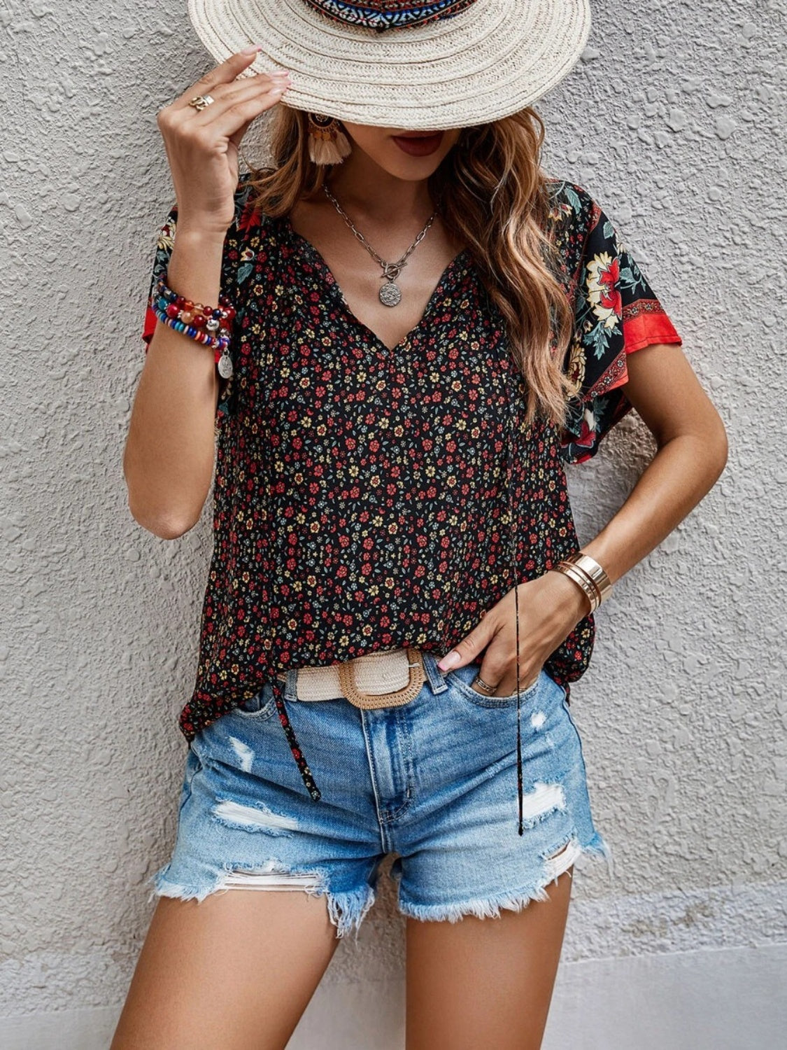 Printed Tie Neck Short Sleeve Blouse - Luminous Bear Shop
