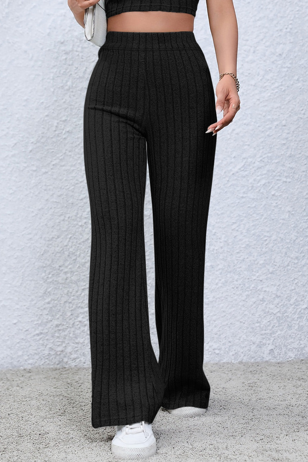 Basic Bae Full Size Ribbed High Waist Flare Pants - Luminous Bear Shop