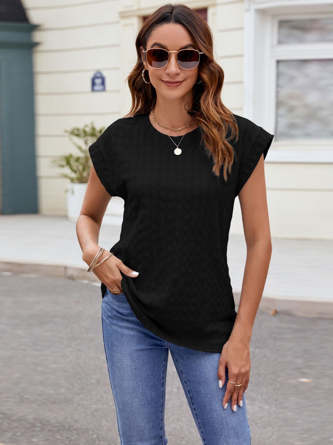 Textured Round Neck Cap Sleeve T-Shirt - Luminous Bear Shop