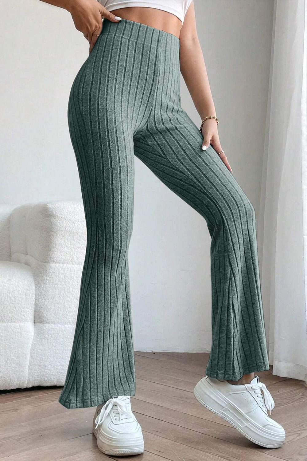 Basic Bae Full Size Ribbed High Waist Flare Pants - Luminous Bear Shop