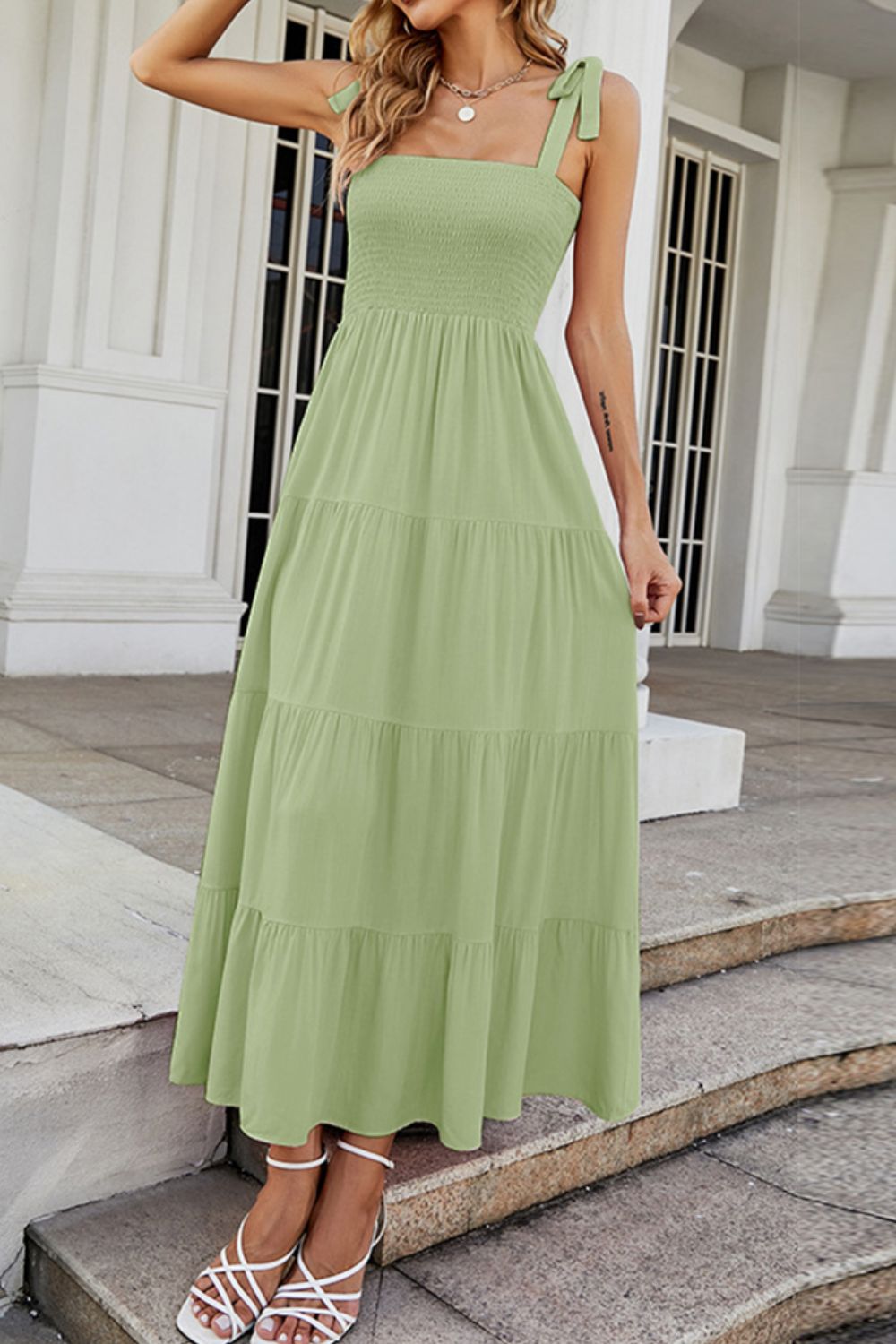 Tie-Shoulder Smocked Tiered Dress - Luminous Bear Shop
