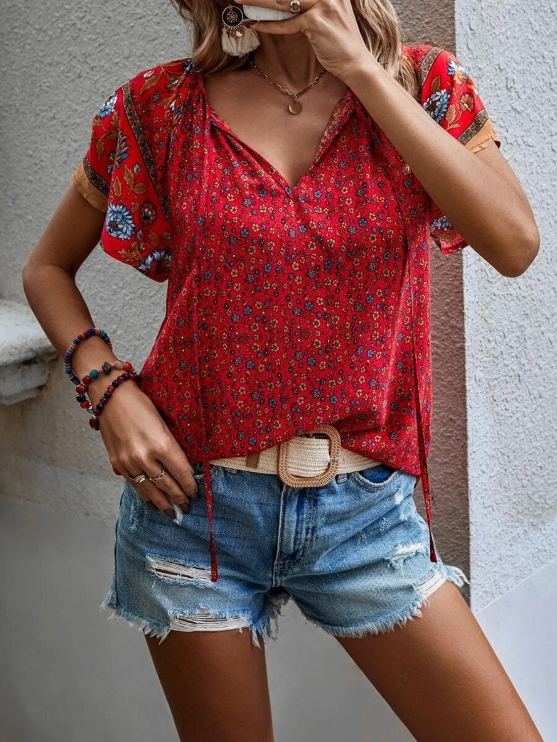 Printed Tie Neck Short Sleeve Blouse - Luminous Bear Shop