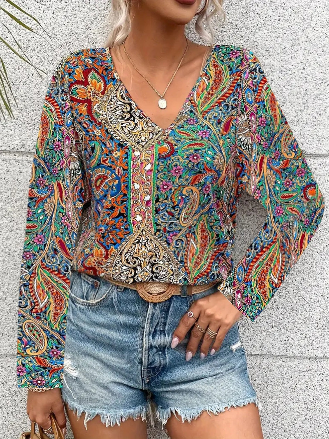 Printed V-Neck Long Sleeve Blouse - Luminous Bear Shop