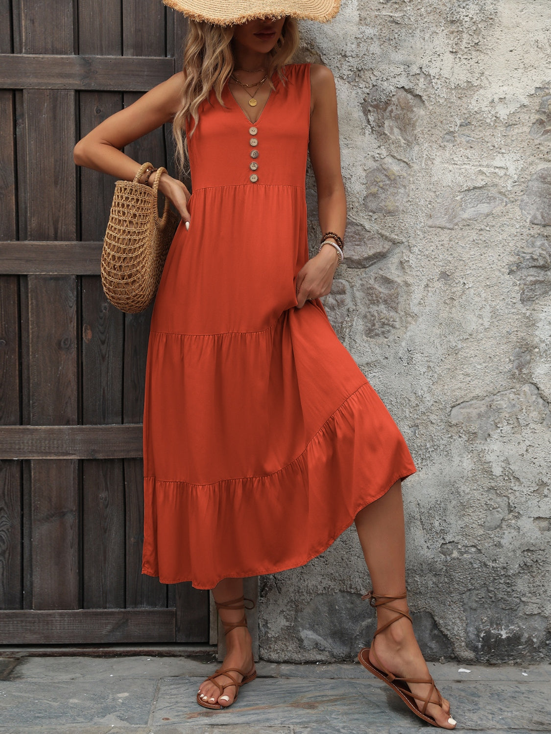Decorative Button Notched Sleeveless Dress - Luminous Bear Shop