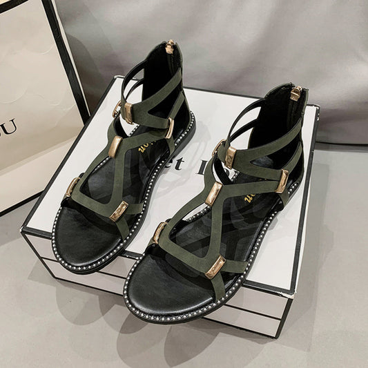 Open Toe Back Zipper Flat Sandals - Luminous Bear Shop